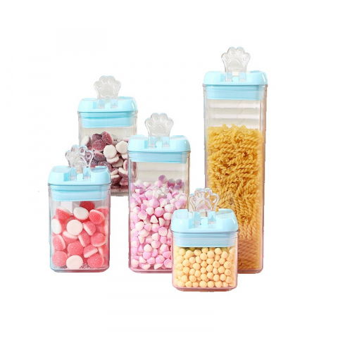 Seturi pentru organizarea cămării - Set 5 cutii de depozitare alimente, 1 x 500ml, 2 x 800ml, 1 x 1200ml, 1 x 1900ml, capac albastru, din pp+pet, inchidere ermetica, transparent
