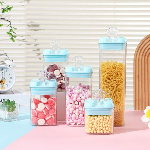 Set 5 cutii de depozitare alimente, 1 x 500ml, 2 x 800ml, 1 x 1200ml, 1 x 1900ml, capac albastru, din pp+pet, inchidere ermetica, transparent [4]