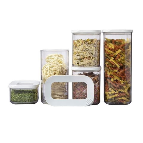 Seturi pentru organizarea cămării - Set 5 cutii de depozitare alimente, capac alb, din abs+silicon, 23 x 15 x 27 cm, transparent