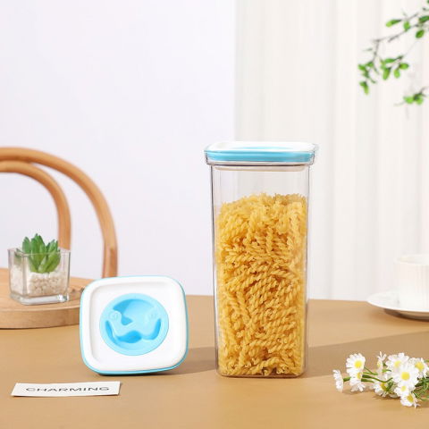 Set 5 cutii de depozitare pentru bucatarie, 2 x 600ml, 2 x 1.3l, 1 x 2l, din abs+pet+silicon, capac alb/albastru, 23 x 10 x 10 cm, transparent [4]