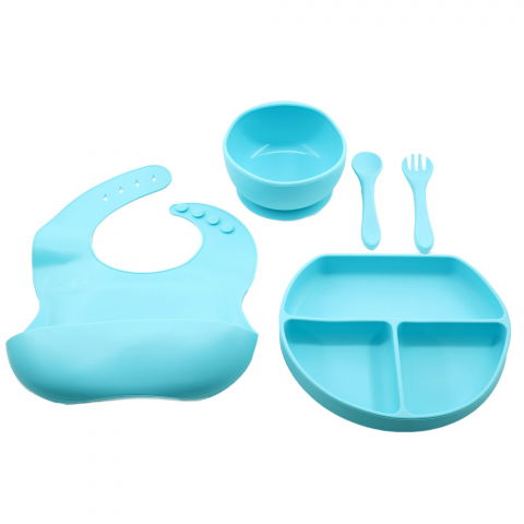 Scaune, seturi de masă și accesorii bebeluși - Set 5 piese diversificare bebelusi si copii din silicon  baveta, farfurie compartimentata cu ventuza, bol cu ventuza, tacamuri, fara alergeni, albastru