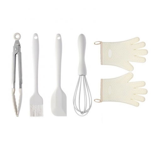 Ustensile, tacâmuri, căni și accesorii de bucătărie - Set 5 ustensile de bucatarie, din silicon+inox, termorezistente, antiaderente, 28 x 26 x 2 cm, alb ivory
