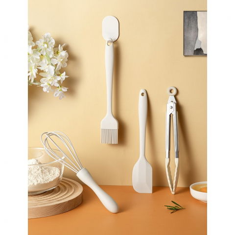 Set 5 ustensile de bucatarie, din silicon+inox, termorezistente, antiaderente, 28 x 26 x 2 cm, alb maro [1]