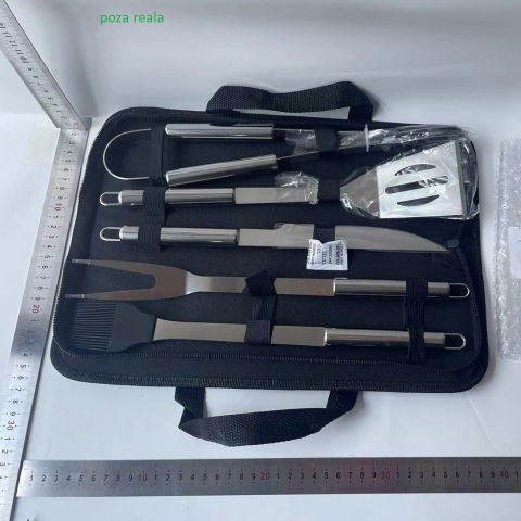 Set 5 ustensile pentru gratar, din otel inoxidabil, geanta oxford, argintiu [1]