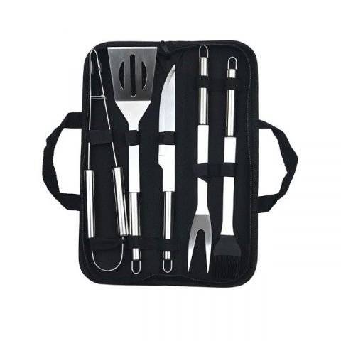 Accesorii și ustensile in bucatarie - Set 5 ustensile pentru gratar, din otel inoxidabil, geanta oxford, argintiu