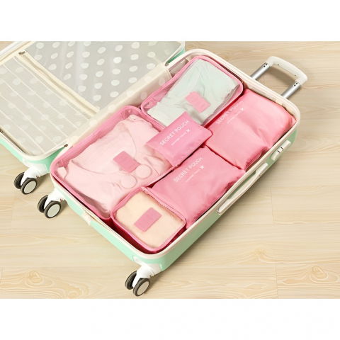 Set 6 genți de calatorie, pentru depozitare, impermeabile, organizator, multifuncționale, design cu plasa, pliabile, fermoar, dimensiuni diferite, roz [2]