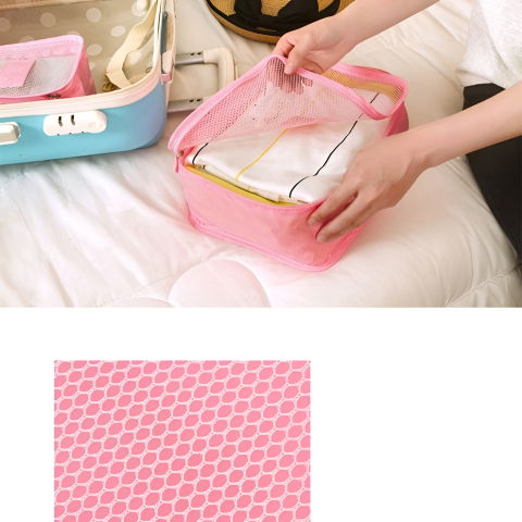 Set 6 genți de calatorie, pentru depozitare, impermeabile, organizator, multifuncționale, design cu plasa, pliabile, fermoar, dimensiuni diferite, roz [5]