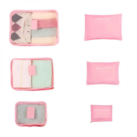 Genti, organizatoare şi accesorii voiaj - Set 6 genți de calatorie, pentru depozitare, impermeabile, organizator, multifuncționale, design cu plasa, pliabile, fermoar, dimensiuni diferite, roz
