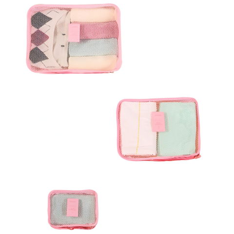 Set 6 genți de calatorie, pentru depozitare, impermeabile, organizator, multifuncționale, design cu plasa, pliabile, fermoar, dimensiuni diferite, roz [4]