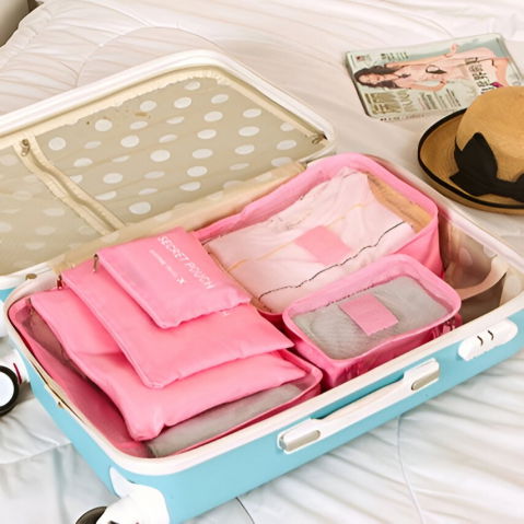 Set 6 genți de calatorie, pentru depozitare, impermeabile, organizator, multifuncționale, design cu plasa, pliabile, fermoar, dimensiuni diferite, roz [7]