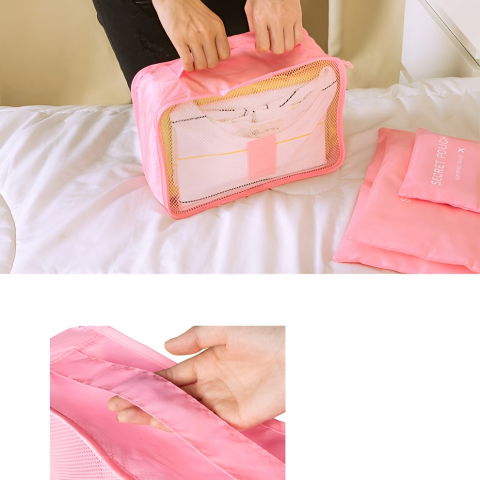 Set 6 genți de calatorie, pentru depozitare, impermeabile, organizator, multifuncționale, design cu plasa, pliabile, fermoar, dimensiuni diferite, roz [6]
