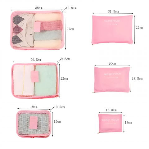 Set 6 genți de calatorie, pentru depozitare, impermeabile, organizator, multifuncționale, design cu plasa, pliabile, fermoar, dimensiuni diferite, roz [1]