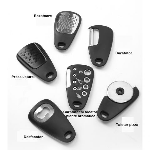 Set 6 in 1 mini ustensile bucatarie  taietor pizza, cutit, curatator, razatoare, desfacator, presa usturoi, manere din abs, lame ascutite din otel inoxidabil, 7.1 x 12.9 x 4.8 cm,  negru [3]