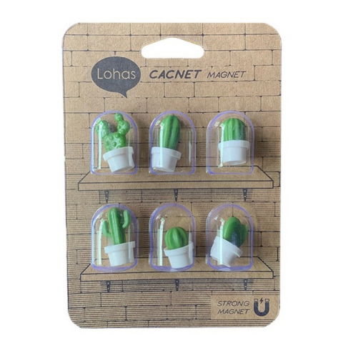 Set 6 magneti de frigider, model cactusi in ghiveci, din abs si magnet, verde/alb [7]