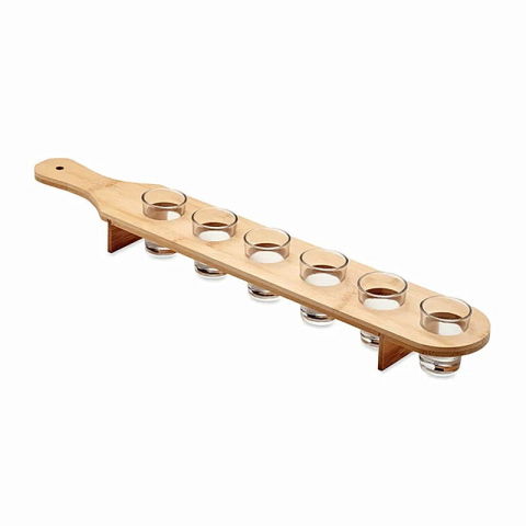 Accesorii și ustensile in bucatarie - Set 6 pahare shot din sticla  cu suport din lemn, design rustic, 49.5 x 7 x 6.5 cm, maro
