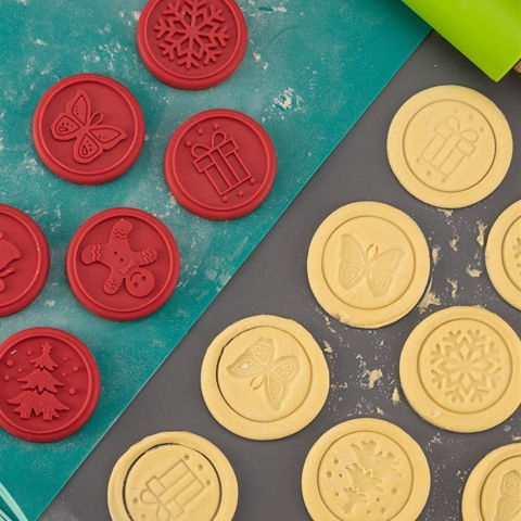 Set 6 stampile pentru prajituri  tematica de craciun, din silicon alimentar non-toxic, taietor aluat inclus, 6 cm,  maner din plastic, compact, usor de depozitat, [5]