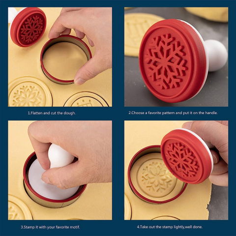 Set 6 stampile pentru prajituri  tematica de craciun, din silicon alimentar non-toxic, taietor aluat inclus, 6 cm,  maner din plastic, compact, usor de depozitat, [4]