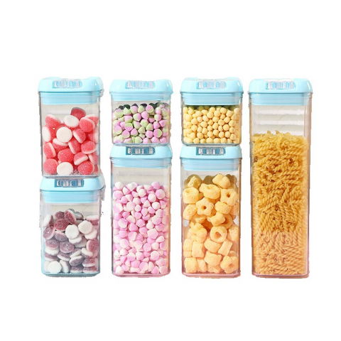 Seturi pentru organizarea cămării - Set 7 cutii de depozitare alimente, 2 x 500ml, 2 x 800ml, 2 x 1200ml, 1 x 1900 ml, capac albastru, din pp+pet, inchidere ermetica, transparent