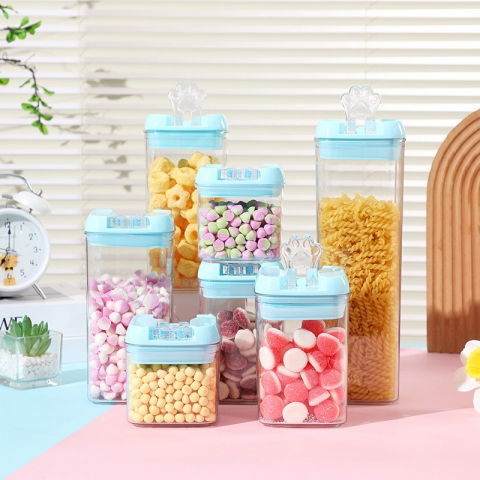 Set 7 cutii de depozitare alimente, 2 x 500ml, 2 x 800ml, 2 x 1200ml, 1 x 1900 ml, capac albastru, din pp+pet, inchidere ermetica, transparent [6]