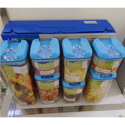 Set 7 cutii de depozitare alimente, 2 x 500ml, 2 x 800ml, 2 x 1200ml, 1 x 1900 ml, capac albastru, din pp+pet, inchidere ermetica, transparent [7]