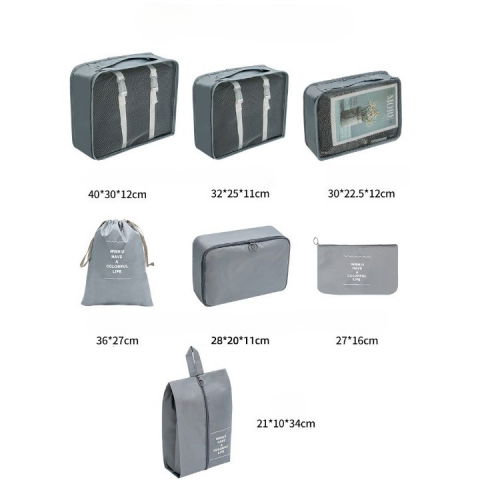 Set 7 genti de calatorie, pentru depozitare, compresibile, 7 dimensiuni, impermeabile, design cu plasa, pliabile, manere robuste, fermoar dublu, gri [5]