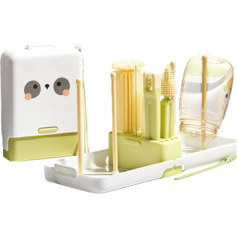 Îngrijire, transport și organizare pentru bebeluși și copii - Set 7 piese de spalat/uscat biberoane, portabil, peri de silicon, pentru tetine, suzete, biberoane, paie, cutie inclusa, 16.8 x 12 x 5 cm, model panda, verde