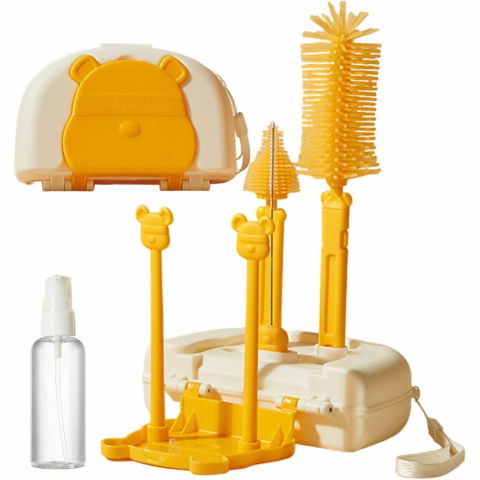 Scaune, seturi de masă și accesorii bebeluși - Set 7 piese de spalat/uscat biberoane, portabil, peri de silicon, pentru tetine, suzete, biberoane, paie, cutie inclusa, 16 x 11 x 5 cm, model ursulet, galben