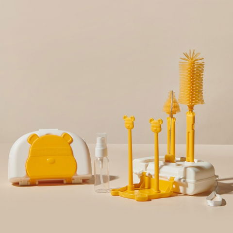 Set 7 piese de spalat/uscat biberoane, portabil, peri de silicon, pentru tetine, suzete, biberoane, paie, cutie inclusa, 16 x 11 x 5 cm, model ursulet, galben [4]