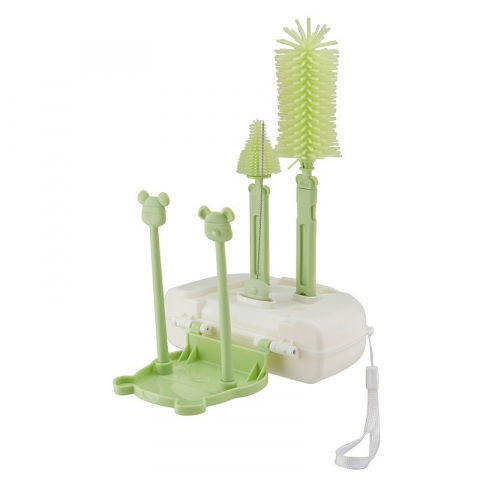 Set 7 piese de spalat/uscat biberoane, portabil, peri de silicon, pentru tetine, suzete, biberoane, paie, cutie inclusa, 16 x 11 x 5 cm, model ursulet, verde [1]