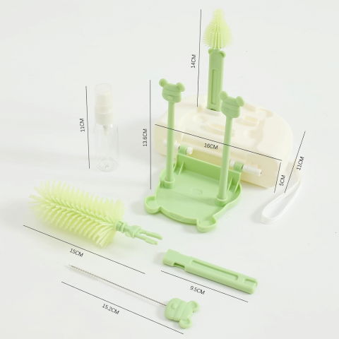 Set 7 piese de spalat/uscat biberoane, portabil, peri de silicon, pentru tetine, suzete, biberoane, paie, cutie inclusa, 16 x 11 x 5 cm, model ursulet, verde [3]