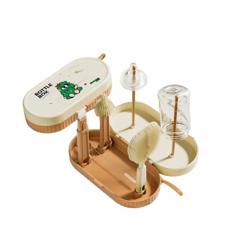 Îngrijire, transport și organizare pentru bebeluși și copii - Set 7 piese de spalat/uscat biberoane, portabil, peri de silicon, pentru tetine, suzete, biberoane, paie, cutie inclusa, 20 x 9.5 cm, portocaliu