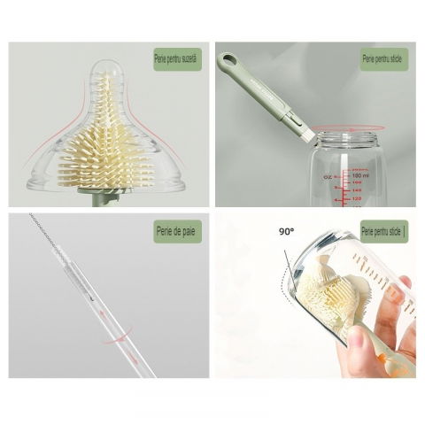 Set 7 piese de spalat/uscat biberoane, portabil, peri de silicon, pentru tetine, suzete, biberoane, paie, cutie inclusa, 20 x 9.5 cm, portocaliu [4]