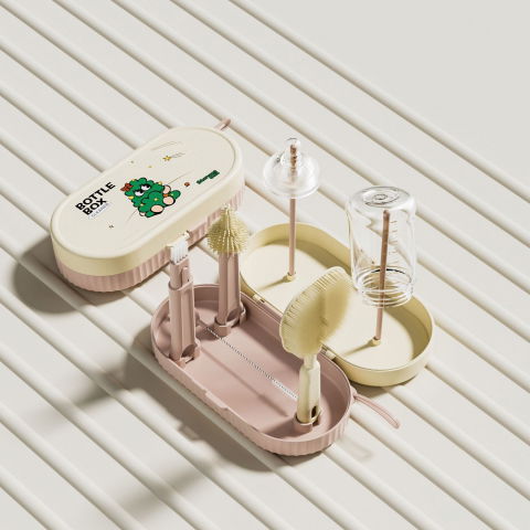 Set 7 piese de spalat/uscat biberoane, portabil, peri de silicon, pentru tetine, suzete, biberoane, paie, cutie inclusa, 20 x 9.5 cm, roz [5]