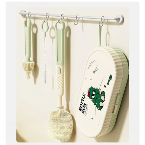 Set 7 piese de spalat/uscat biberoane, portabil, peri de silicon, pentru tetine, suzete, biberoane, paie, cutie inclusa, 20 x 9.5 cm, verde [1]