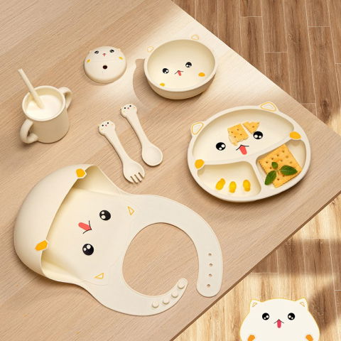 Set 7 piese hranire bebelusi si copii, din silicon, fara bpa, de la 12 luni, model pisicuta, 30 x 25 x 6 cm, bej [5]