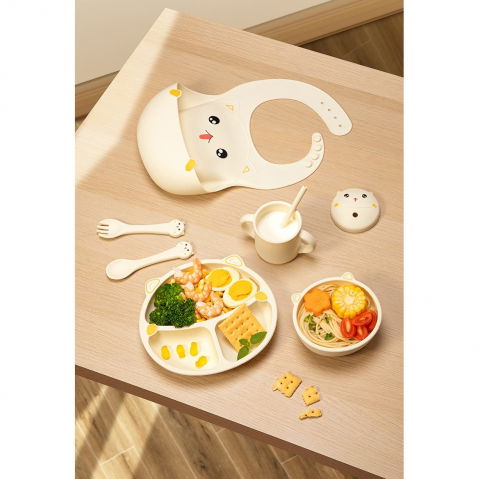 Set 7 piese hranire bebelusi si copii, din silicon, fara bpa, de la 12 luni, model pisicuta, 30 x 25 x 6 cm, bej [1]