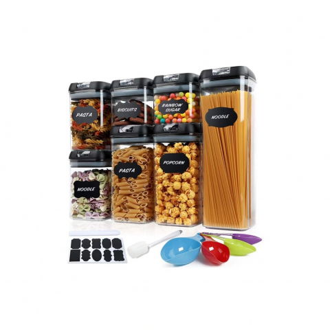 Set 7 recipiente organizare alimente, inchidere etansa, etichete reutilizabile, cupe masurare, 4 dimensiuni diferite, din plastic dur, transparent