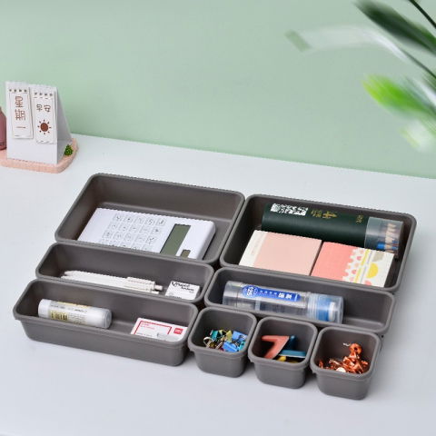 Genti, organizatoare şi accesorii voiaj - Set 8 cutii depozitare, pentru sertar, cosmetice, ustensile bucatarie, textile, plastic, gri, 23.5 x 16 cm