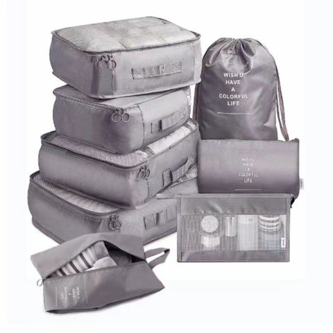 Genti, organizatoare şi accesorii voiaj - Set 8 huse organizare bagaj  material poliester, impermeabil, cu fermoar, pentru calatorii sau dulap, sac pentru pantofi inclus, pliabil, gri