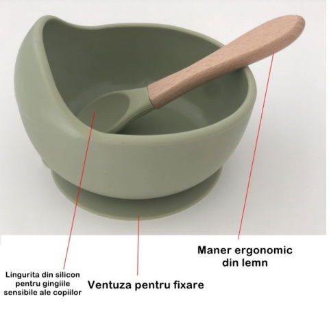 Set 8 piese diversificare bebelusi si copii din silicon  baveta, farfurie compartimentata cu ventuza, bol cu ventuza, tacamuri din lemn si silicon, cana pentru gustari, fara alergeni, verde inchis [1]