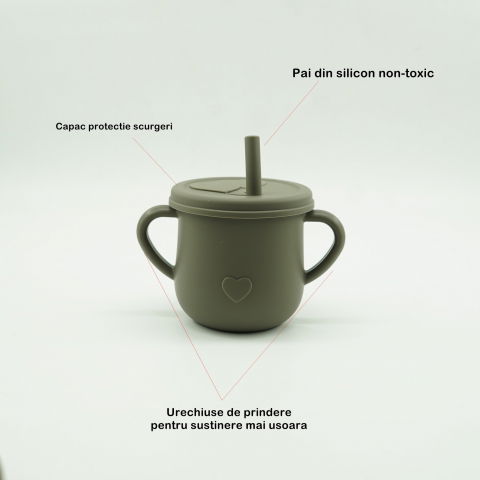 Set 8 piese diversificare bebelusi si copii din silicon  baveta, farfurie compartimentata cu ventuza, bol cu ventuza, tacamuri din lemn si silicon, cana pentru gustari, fara alergeni, verde inchis [5]