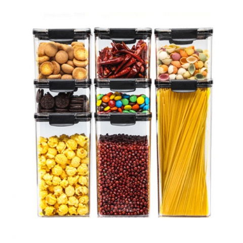Seturi pentru organizarea cămării - Set 8 recipiente din plastic, pentru alimente/obiecte, inchidere ermetica, 2 x 460 ml, 3 x 700 ml, 2 x 1300 ml, 1 x 1800 ml, transparent