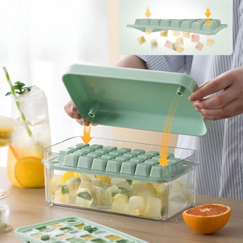 Set cutie pentru gheata, uz casnic, 1 tavita pentru cuburi, capac etans, lopata, 23.5x13.3x10 cm, verde [10]