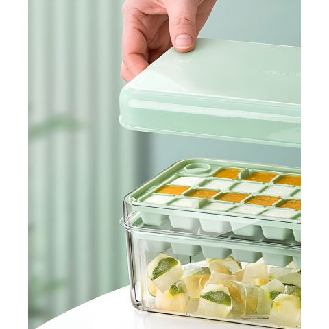 Set cutie pentru gheata, uz casnic, 1 tavita pentru cuburi, capac etans, lopata, 23.5x13.3x10 cm, verde [4]