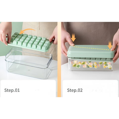 Set cutie pentru gheata, uz casnic, doua tavite pentru cuburi, capac etans, lopata, 23.5x13.3x10 cm, verde [4]