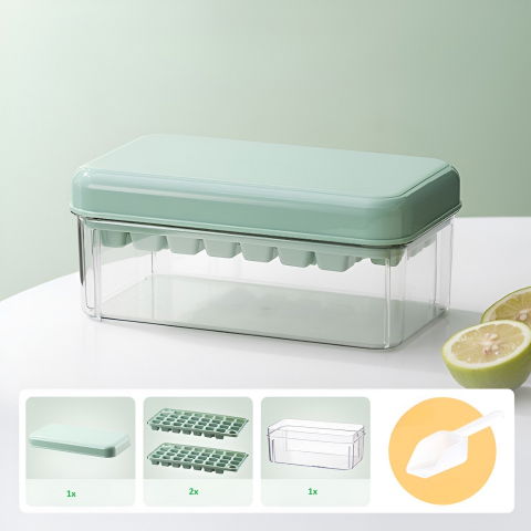 Set cutie pentru gheata, uz casnic, doua tavite pentru cuburi, capac etans, lopata, 23.5x13.3x10 cm, verde [10]