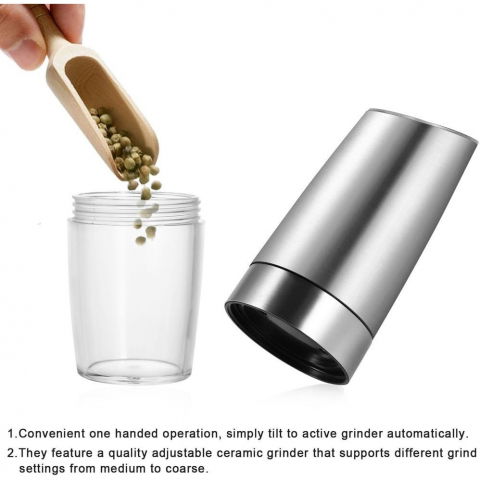 Set de 2 rasnite electrice de sare si piper, cu camere depozitare transparente, macinare, functionare pe baterii, cu lumina, abs, 20x6.5 cm, argintiu/transparent [3]