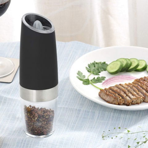 Set de 2 rasnite electrice de sare si piper, cu camere depozitare transparente, macinare, functionare pe baterii, cu lumina, abs, 20x6.5 cm, negru/transparent [11]