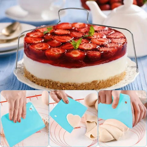 Set de 216 piese de copt pentru prajituri, 3 tavi de copt, nivelator, forme cupcake, pos pentru ornat cu 7 capete, feliator tort, din otel inoxidabil, multicolor [4]