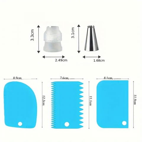 Set de 216 piese de copt pentru prajituri, 3 tavi de copt, nivelator, forme cupcake, pos pentru ornat cu 7 capete, feliator tort, din otel inoxidabil, multicolor [8]